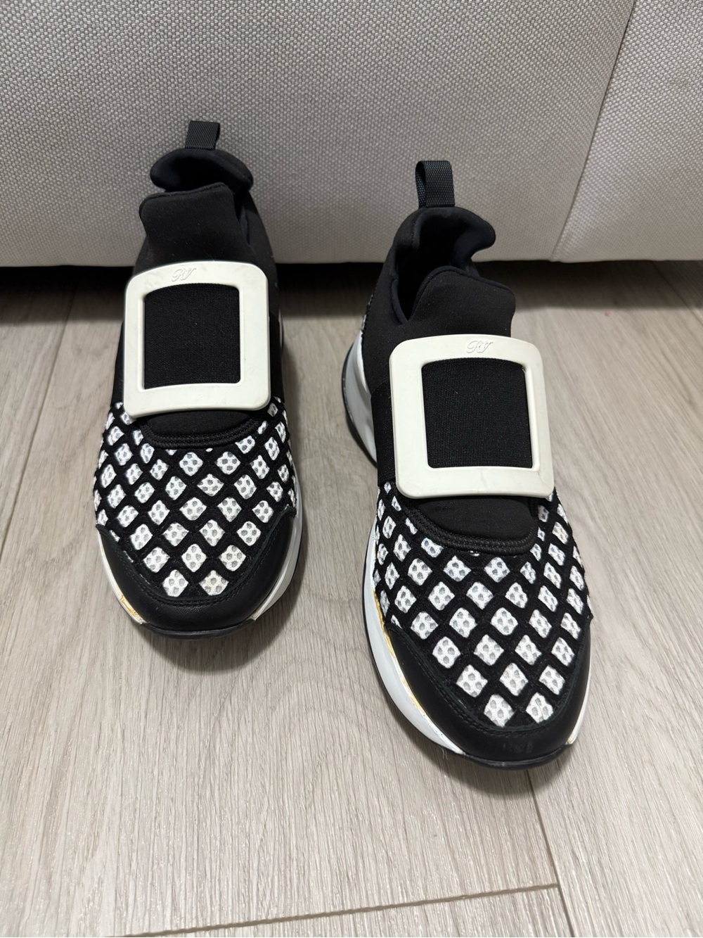 Roger Vivier Black and White Velvet Buckle Slip-On Sneakers